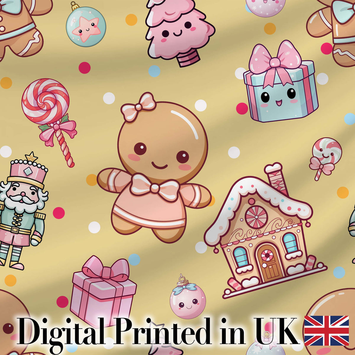 Cute Christmas Gingerbread Candy House Gifts Seamless Pattern Yellow Background Digital Print Fabric by the Metre UK Sewing Quilting Textile