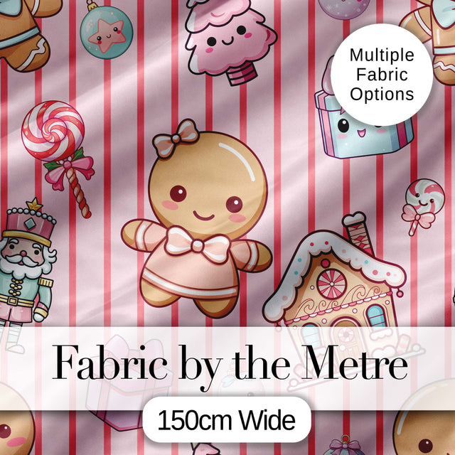 Cute Christmas Gingerbread Candy House Gifts  Pattern Pink Stripe Background Digital Print Fabric by the Metre UK Sewing Quilting Textile