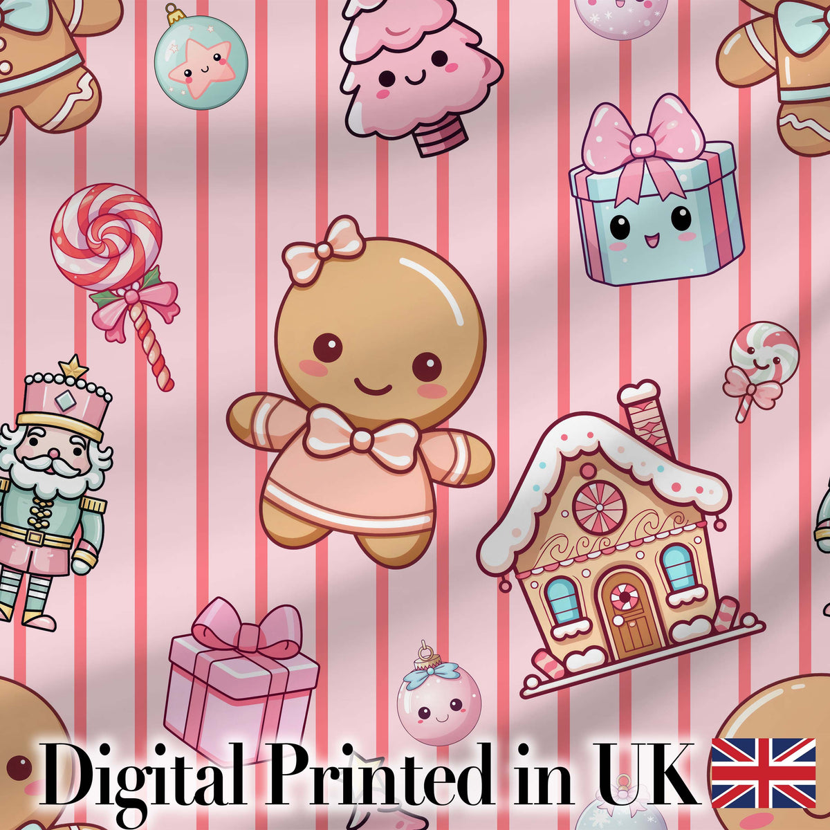 Cute Christmas Gingerbread Candy House Gifts  Pattern Pink Stripe Background Digital Print Fabric by the Metre UK Sewing Quilting Textile