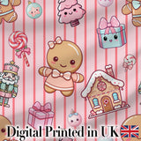 Cute Christmas Gingerbread Candy House Gifts  Pattern Pink Stripe Background Digital Print Fabric by the Metre UK Sewing Quilting Textile