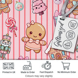 Cute Christmas Gingerbread Candy House Gifts  Pattern Pink Stripe Background Digital Print Fabric by the Metre UK Sewing Quilting Textile