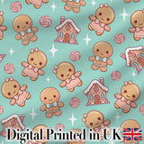 Cute Christmas Gingerbread Characters Candy House  Pattern Teal Background Digital Print Fabric by the Metre UK Sewing Quilting Textile