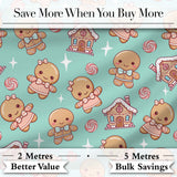 Cute Christmas Gingerbread Characters Candy House  Pattern Teal Background Digital Print Fabric by the Metre UK Sewing Quilting Textile