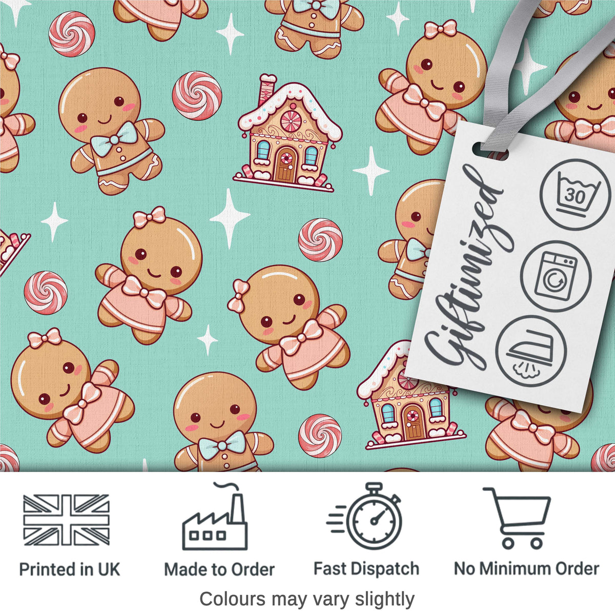 Cute Christmas Gingerbread Characters Candy House  Pattern Teal Background Digital Print Fabric by the Metre UK Sewing Quilting Textile
