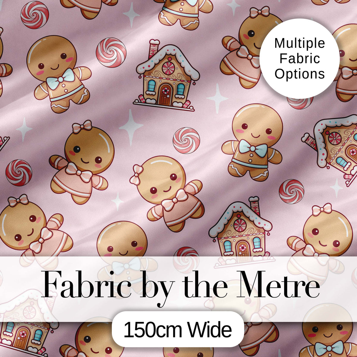 Cute Christmas Gingerbread Characters Candy House   Light Pink Background Digital Print Fabric by the Metre UK Sewing Quilting Textile