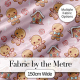 Cute Christmas Gingerbread Characters Candy House   Light Pink Background Digital Print Fabric by the Metre UK Sewing Quilting Textile