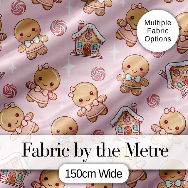 Cute Christmas Gingerbread Characters Candy House   Light Pink Background Digital Print Fabric by the Metre UK Sewing Quilting Textile