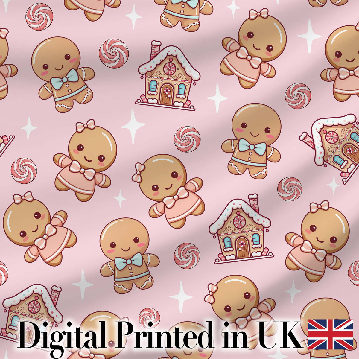 Cute Christmas Gingerbread Characters Candy House   Light Pink Background Digital Print Fabric by the Metre UK Sewing Quilting Textile
