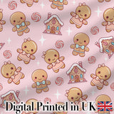 Cute Christmas Gingerbread Characters Candy House   Light Pink Background Digital Print Fabric by the Metre UK Sewing Quilting Textile