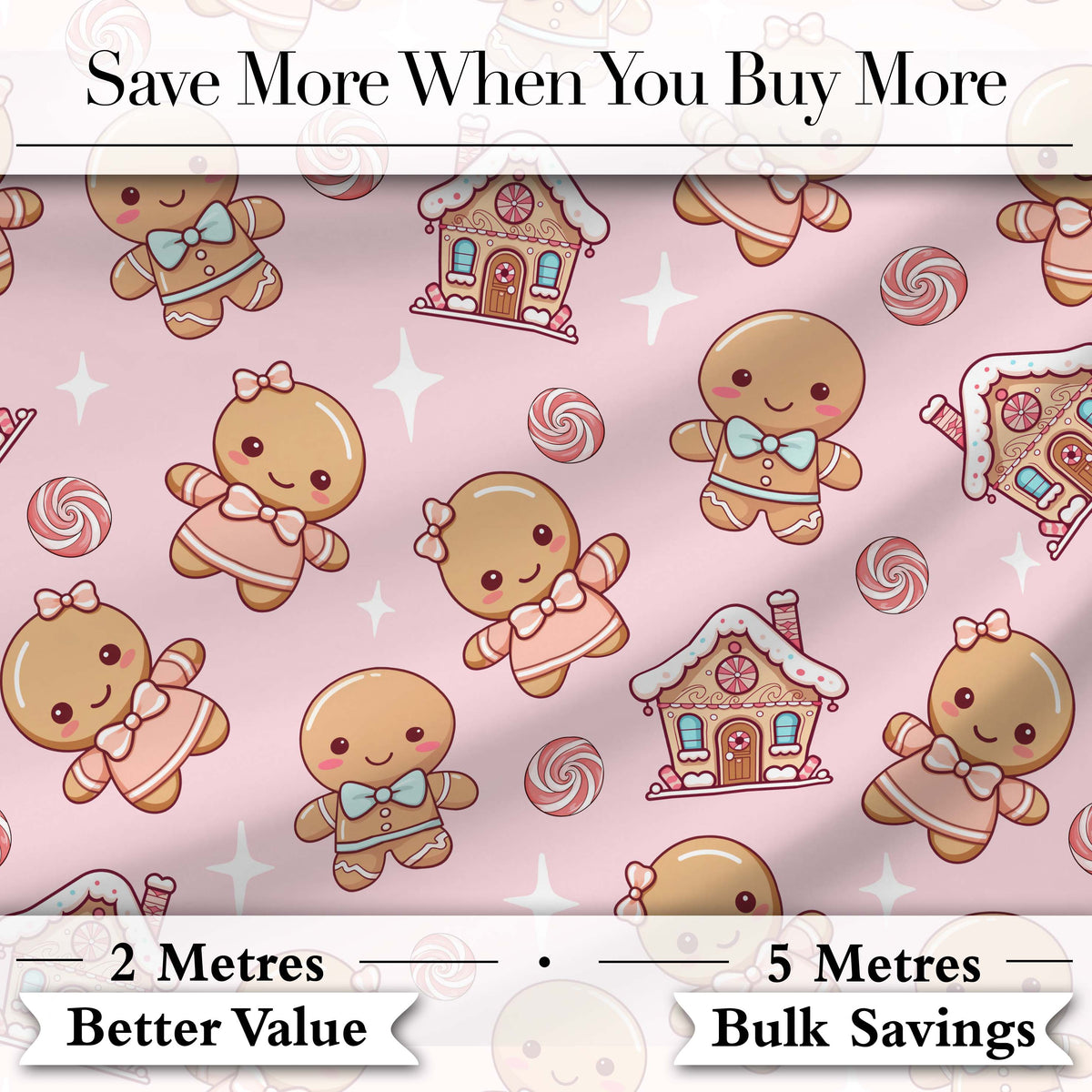 Cute Christmas Gingerbread Characters Candy House   Light Pink Background Digital Print Fabric by the Metre UK Sewing Quilting Textile