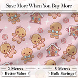 Cute Christmas Gingerbread Characters Candy House   Light Pink Background Digital Print Fabric by the Metre UK Sewing Quilting Textile