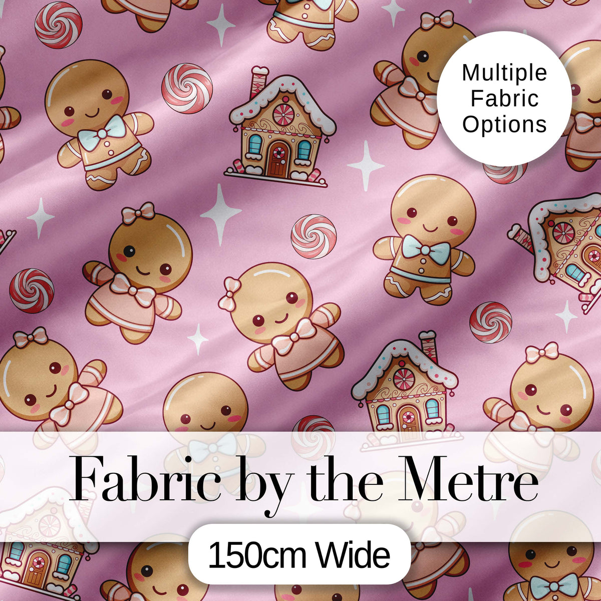 Cute Christmas Gingerbread Characters Candy House  Pattern Soft Pink Background Digital Print Fabric by the Metre UK Sewing Quilting Textile