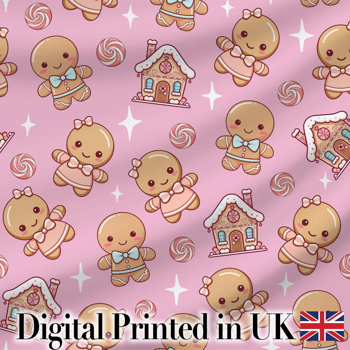 Cute Christmas Gingerbread Characters Candy House  Pattern Soft Pink Background Digital Print Fabric by the Metre UK Sewing Quilting Textile
