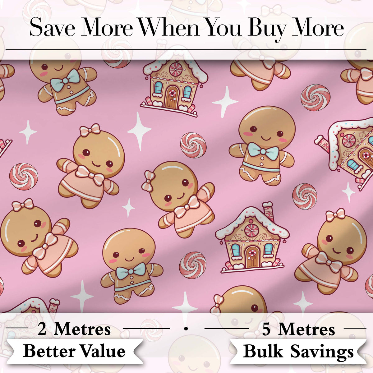 Cute Christmas Gingerbread Characters Candy House  Pattern Soft Pink Background Digital Print Fabric by the Metre UK Sewing Quilting Textile