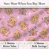 Cute Christmas Gingerbread Characters Candy House  Pattern Soft Pink Background Digital Print Fabric by the Metre UK Sewing Quilting Textile