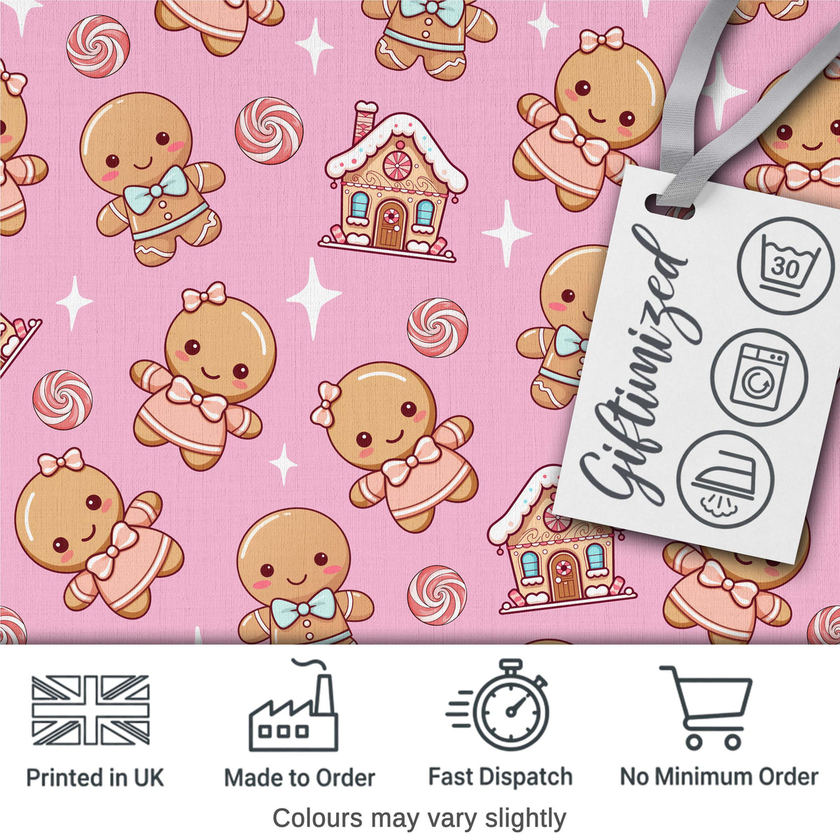 Cute Christmas Gingerbread Characters Candy House  Pattern Soft Pink Background Digital Print Fabric by the Metre UK Sewing Quilting Textile