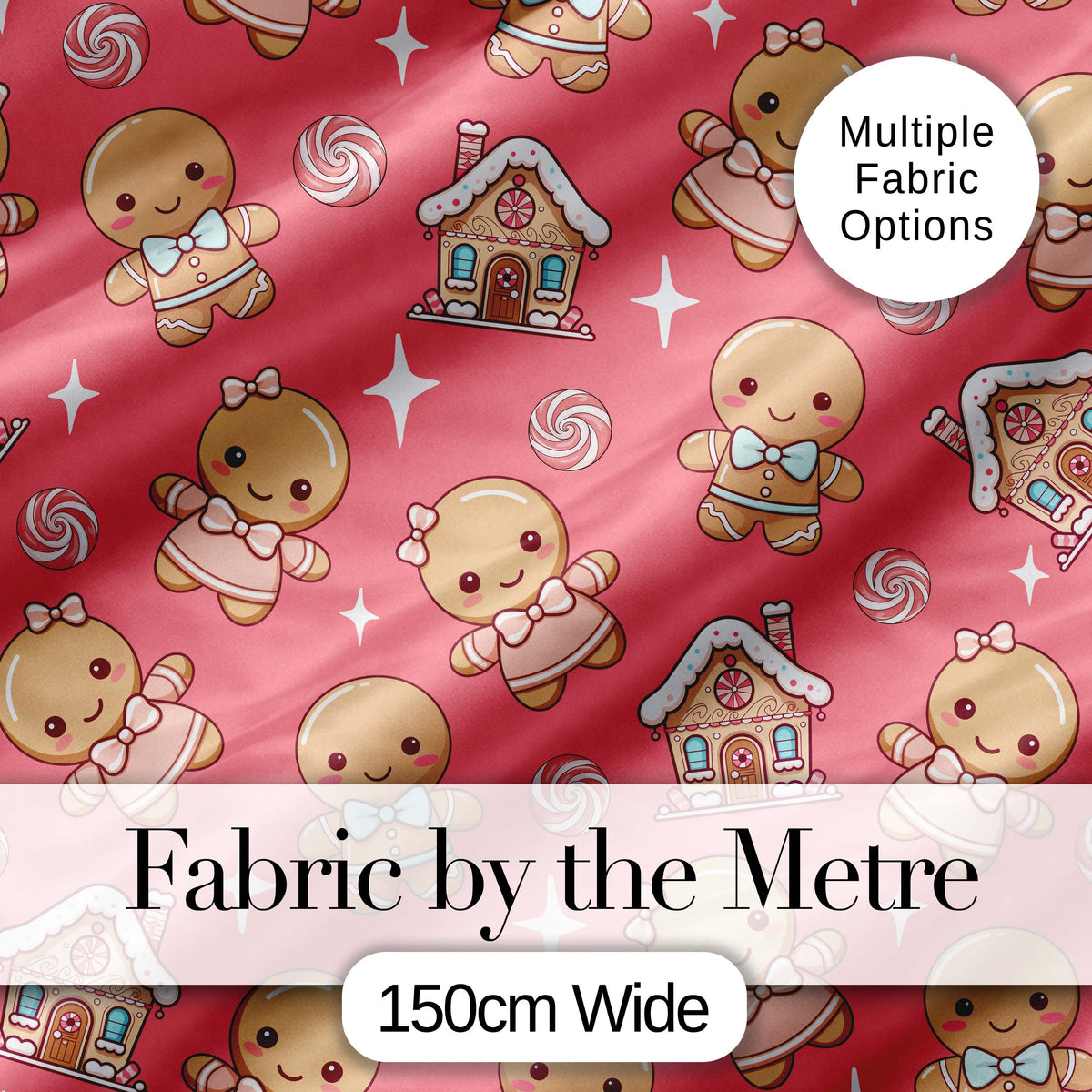 Cute Christmas Gingerbread Characters Candy House  Pattern Coral Background Digital Print Fabric by the Metre UK Sewing Quilting Textile
