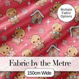 Cute Christmas Gingerbread Characters Candy House  Pattern Coral Background Digital Print Fabric by the Metre UK Sewing Quilting Textile