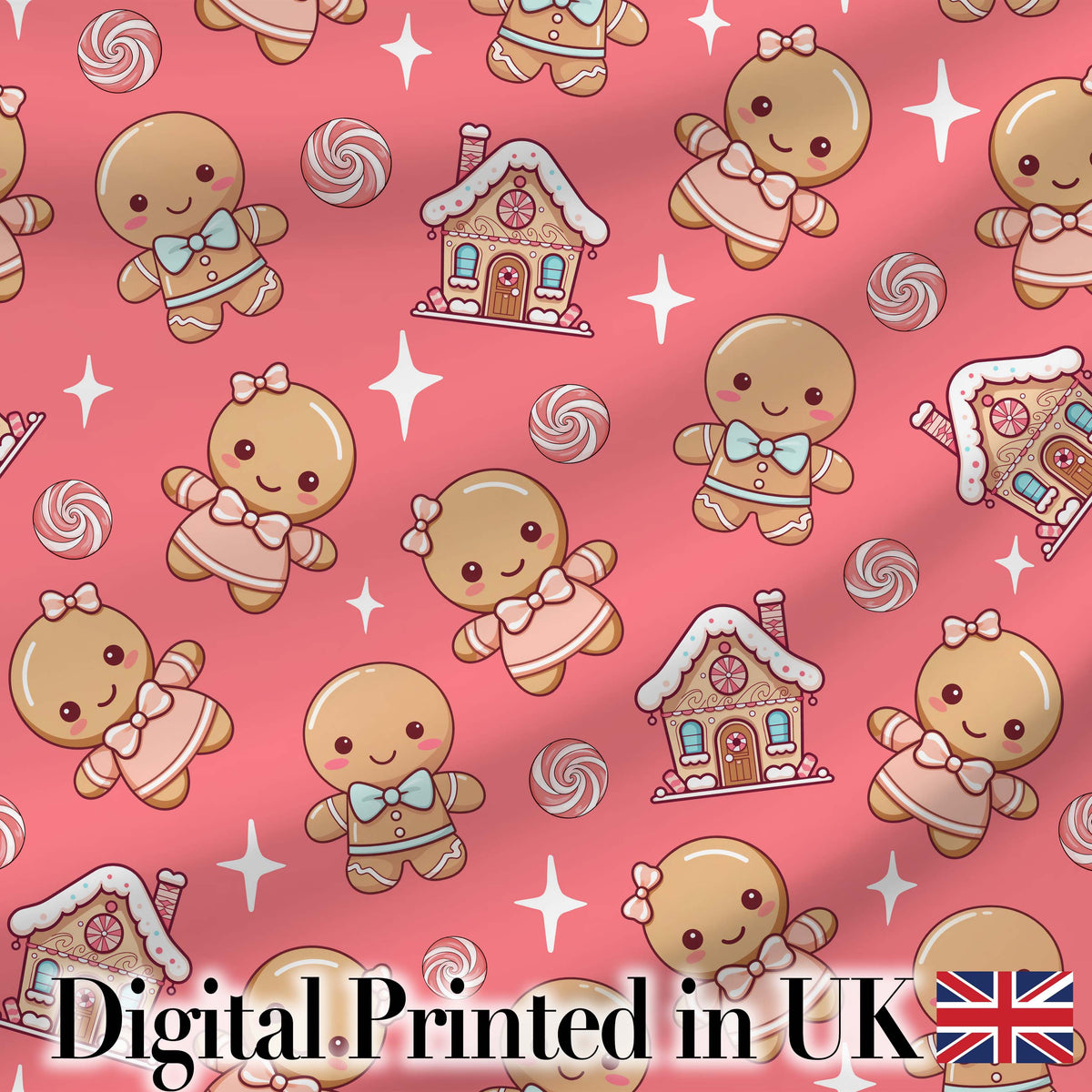 Cute Christmas Gingerbread Characters Candy House  Pattern Coral Background Digital Print Fabric by the Metre UK Sewing Quilting Textile