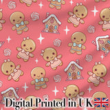 Cute Christmas Gingerbread Characters Candy House  Pattern Coral Background Digital Print Fabric by the Metre UK Sewing Quilting Textile