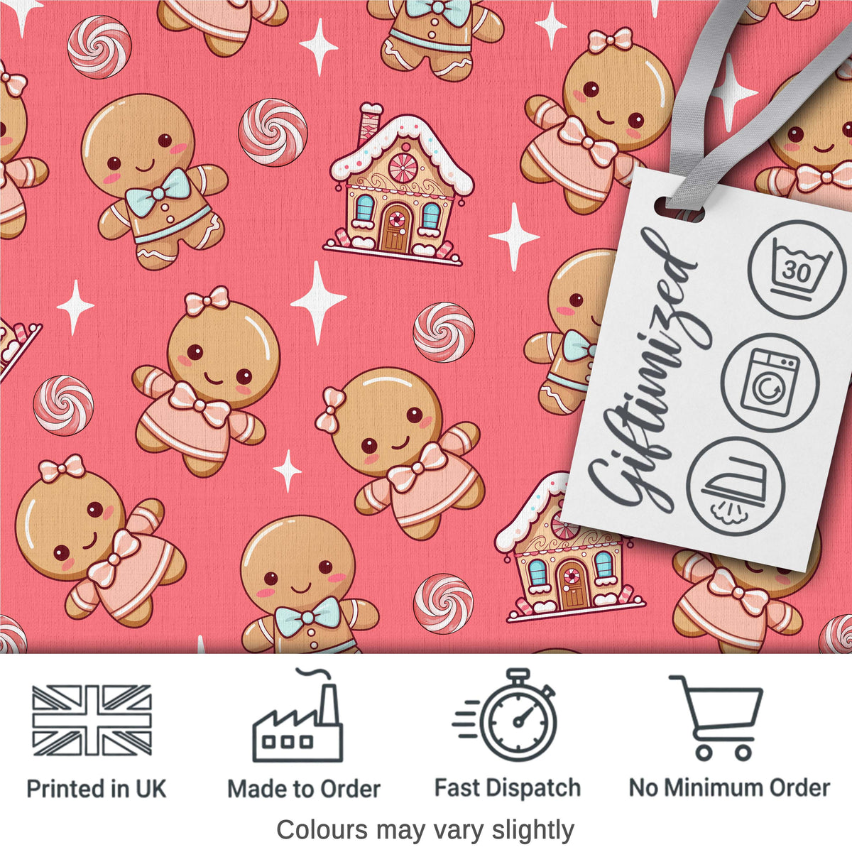 Cute Christmas Gingerbread Characters Candy House  Pattern Coral Background Digital Print Fabric by the Metre UK Sewing Quilting Textile