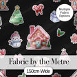 Cute Christmas Festive Stickers Snowman Tree House  Pattern Black Background Digital Print Fabric by the Metre UK Sewing Quilting Textile