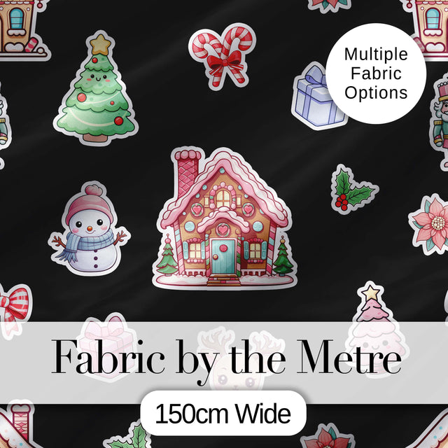 Cute Christmas Festive Stickers Snowman Tree House  Pattern Black Background Digital Print Fabric by the Metre UK Sewing Quilting Textile