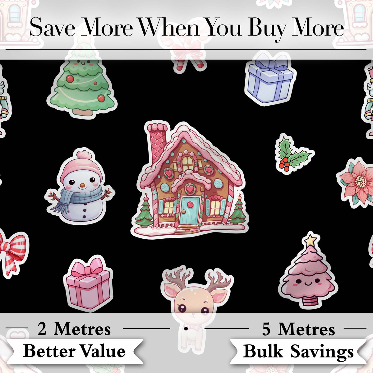 Cute Christmas Festive Stickers Snowman Tree House  Pattern Black Background Digital Print Fabric by the Metre UK Sewing Quilting Textile
