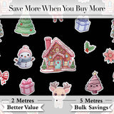 Cute Christmas Festive Stickers Snowman Tree House  Pattern Black Background Digital Print Fabric by the Metre UK Sewing Quilting Textile