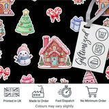 Cute Christmas Festive Stickers Snowman Tree House  Pattern Black Background Digital Print Fabric by the Metre UK Sewing Quilting Textile