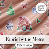 Cute Christmas Festive Stickers Gingerbread House Tree Beige Background Digital Print Fabric by the Metre UK Sewing Quilting Textile