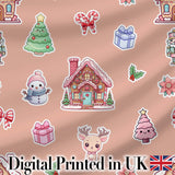Cute Christmas Festive Stickers Gingerbread House Tree Beige Background Digital Print Fabric by the Metre UK Sewing Quilting Textile