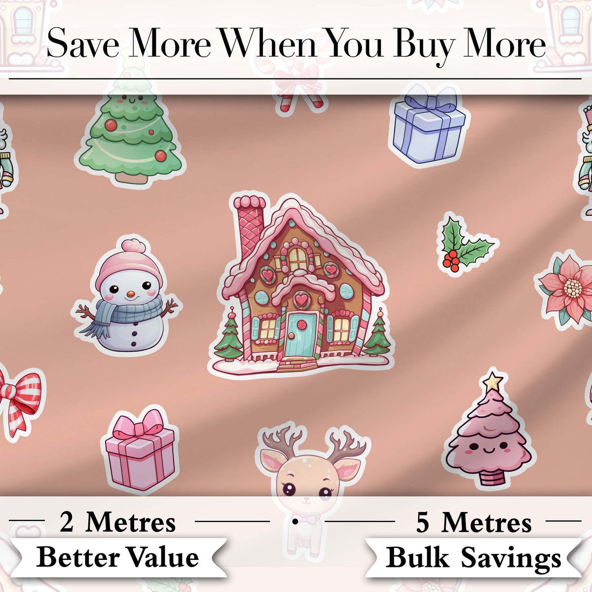Cute Christmas Festive Stickers Gingerbread House Tree Beige Background Digital Print Fabric by the Metre UK Sewing Quilting Textile