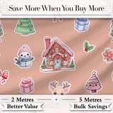 Cute Christmas Festive Stickers Gingerbread House Tree Beige Background Digital Print Fabric by the Metre UK Sewing Quilting Textile