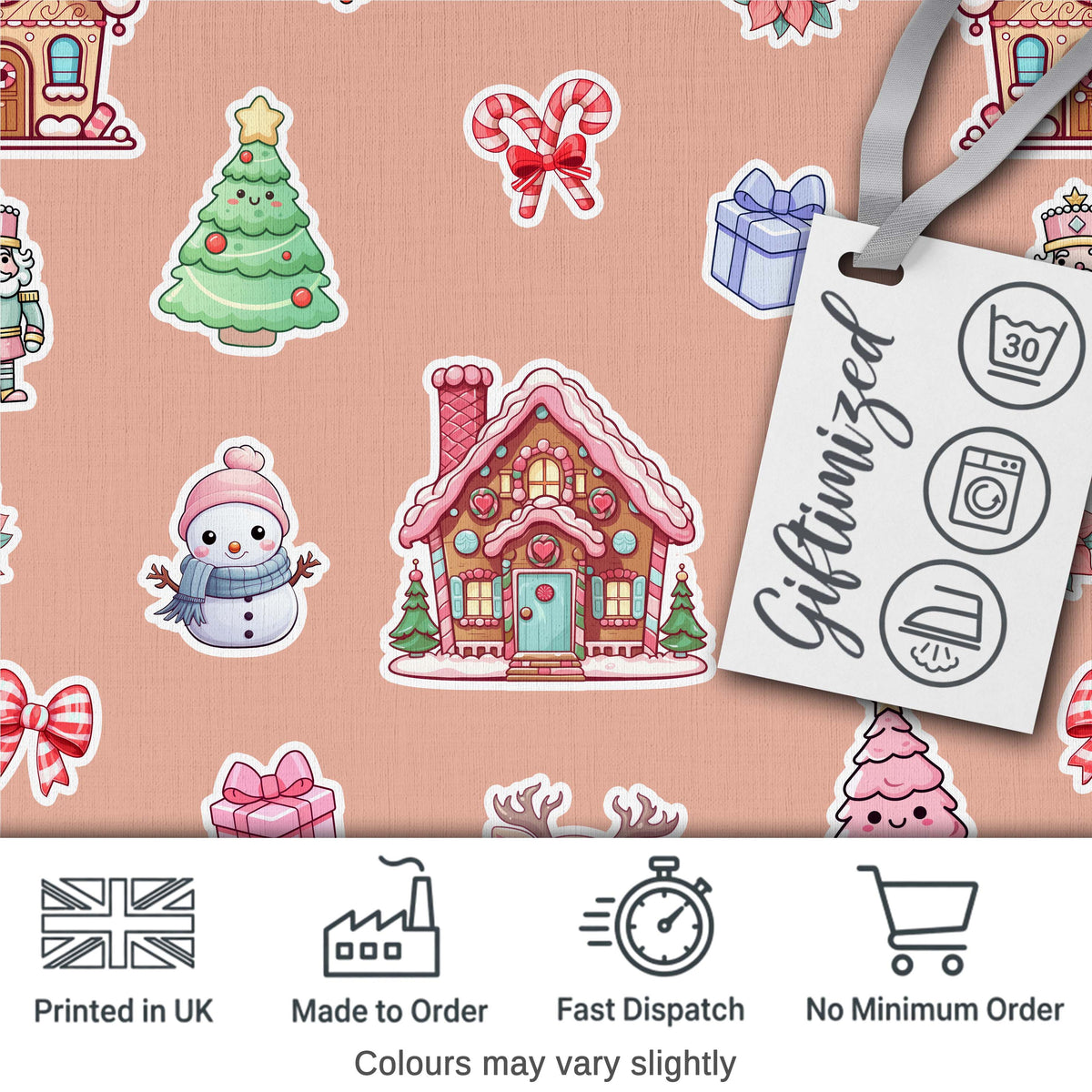 Cute Christmas Festive Stickers Gingerbread House Tree Beige Background Digital Print Fabric by the Metre UK Sewing Quilting Textile