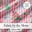 Christmas Festive Stickers Gingerbread House Tree Soft Pink Stripe Background Digital Print Fabric by the Metre UK Sewing Quilting Textile