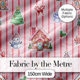 Christmas Festive Stickers Gingerbread House Tree Soft Pink Stripe Background Digital Print Fabric by the Metre UK Sewing Quilting Textile