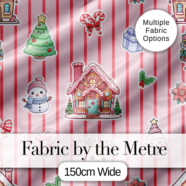 Christmas Festive Stickers Gingerbread House Tree Soft Pink Stripe Background Digital Print Fabric by the Metre UK Sewing Quilting Textile
