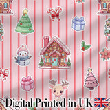 Christmas Festive Stickers Gingerbread House Tree Soft Pink Stripe Background Digital Print Fabric by the Metre UK Sewing Quilting Textile