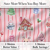 Christmas Festive Stickers Gingerbread House Tree Soft Pink Stripe Background Digital Print Fabric by the Metre UK Sewing Quilting Textile