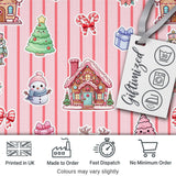 Christmas Festive Stickers Gingerbread House Tree Soft Pink Stripe Background Digital Print Fabric by the Metre UK Sewing Quilting Textile