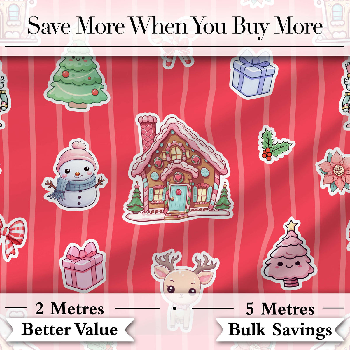 Cute Christmas Festive Stickers Gingerbread House Tree Red Stripe Background Digital Print Fabric by the Metre UK Sewing Quilting Textile