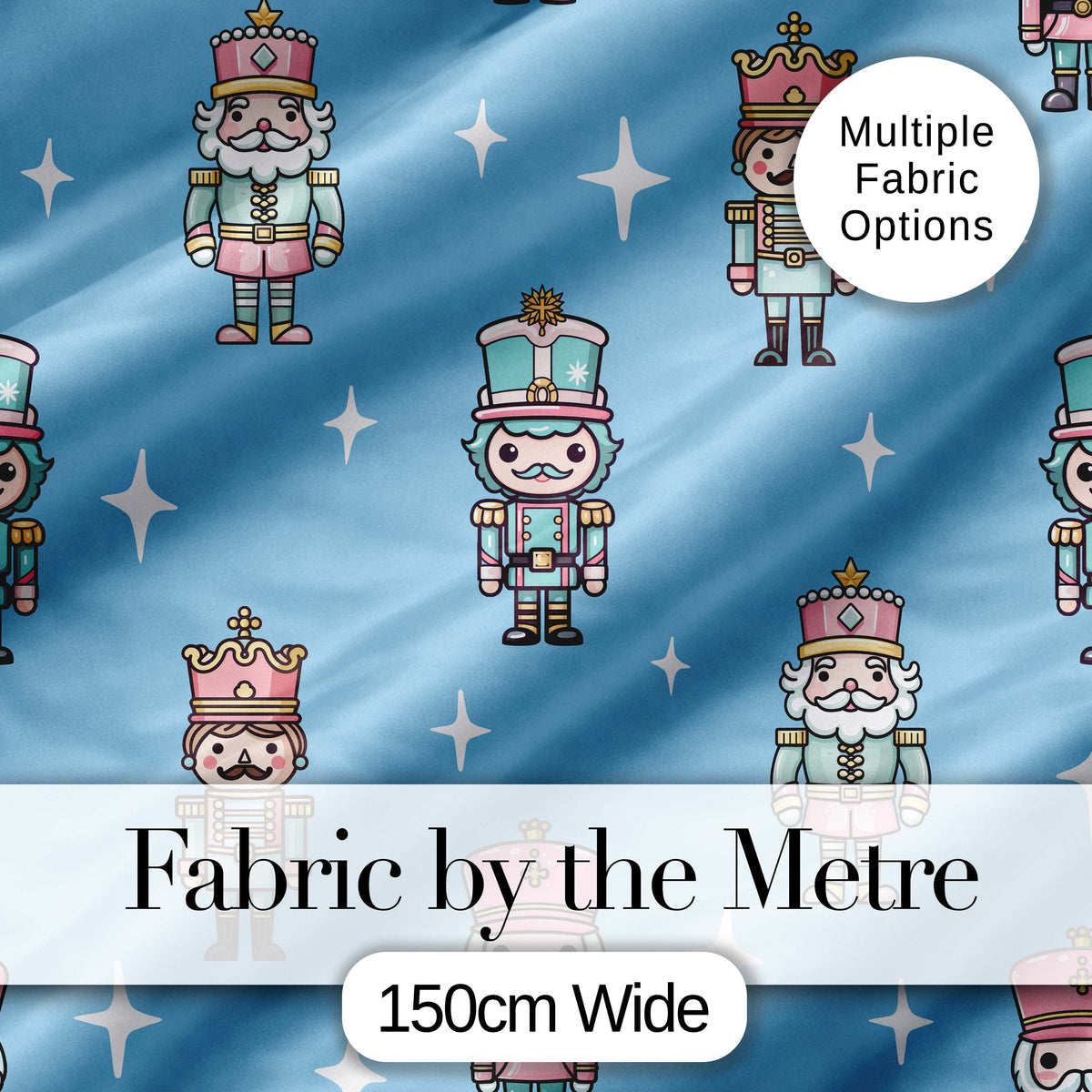 Cute Nutcracker Soldiers Christmas Toy Characters  Pattern Blue Background Digital Print Fabric by the Metre UK Sewing Quilting Textile