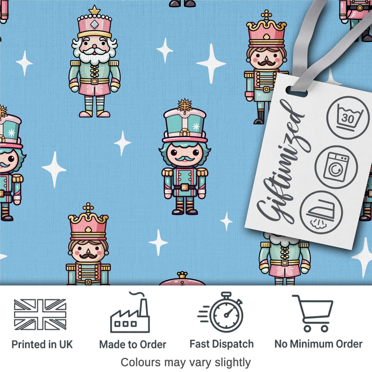 Cute Nutcracker Soldiers Christmas Toy Characters  Pattern Blue Background Digital Print Fabric by the Metre UK Sewing Quilting Textile