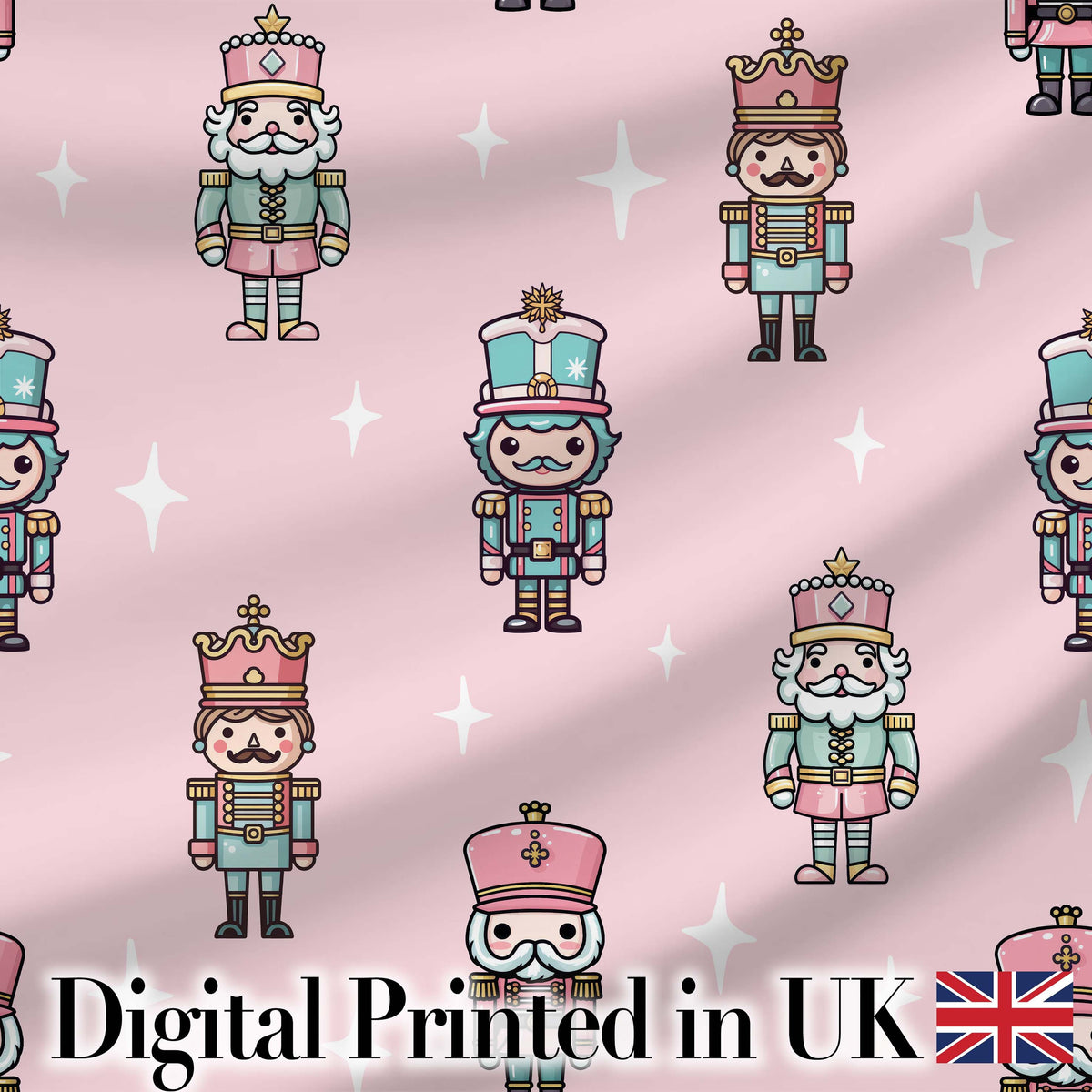 Cute Nutcracker Soldiers Christmas Toy Characters  Pattern Soft Pink Background Digital Print Fabric by the Metre UK Sewing Quilting Textile