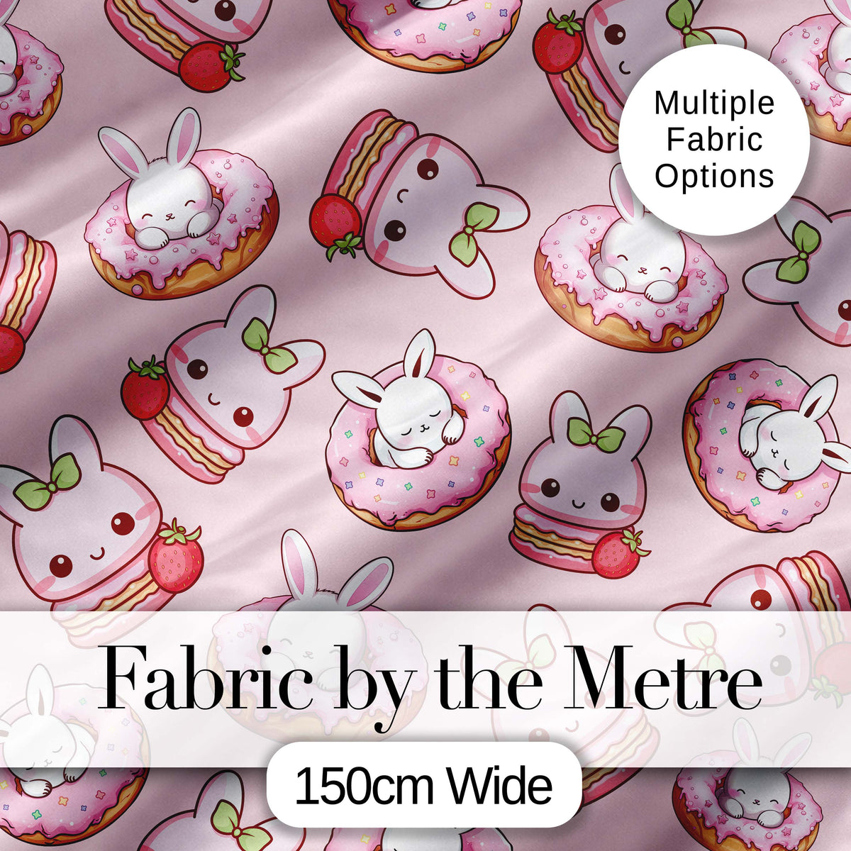 Cute Kawaii Bunny Donuts Strawberry Dessert  Pattern Blush Pink Background Digital Print Fabric by the Metre UK Sewing Quilting Textile