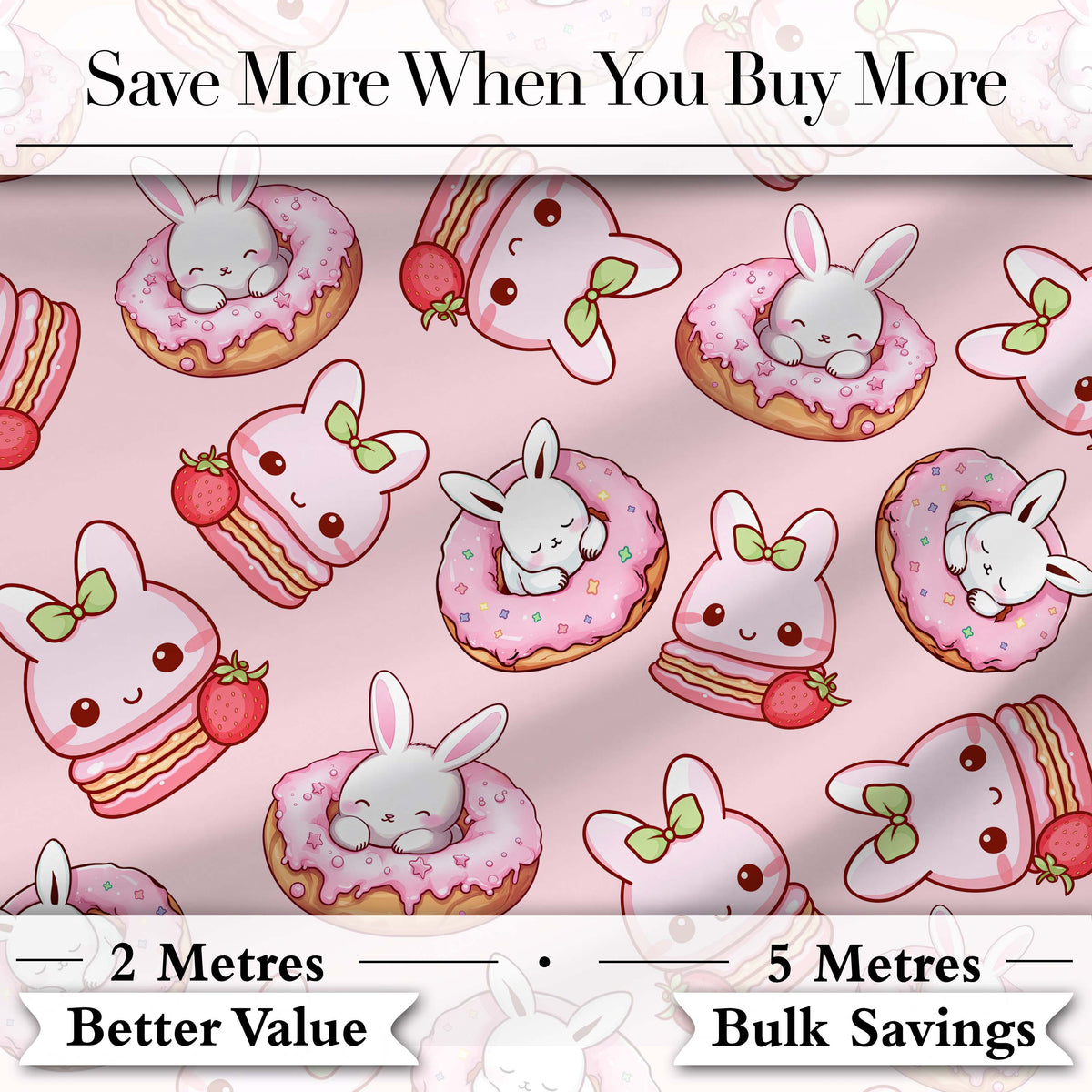 Cute Kawaii Bunny Donuts Strawberry Dessert  Pattern Blush Pink Background Digital Print Fabric by the Metre UK Sewing Quilting Textile