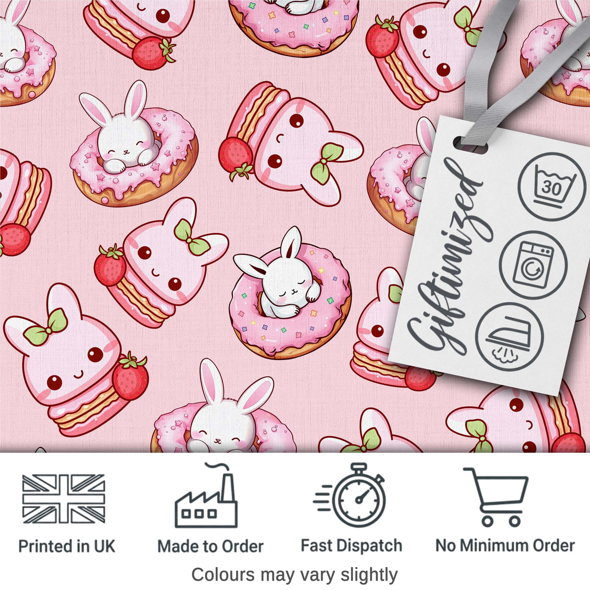 Cute Kawaii Bunny Donuts Strawberry Dessert  Pattern Blush Pink Background Digital Print Fabric by the Metre UK Sewing Quilting Textile