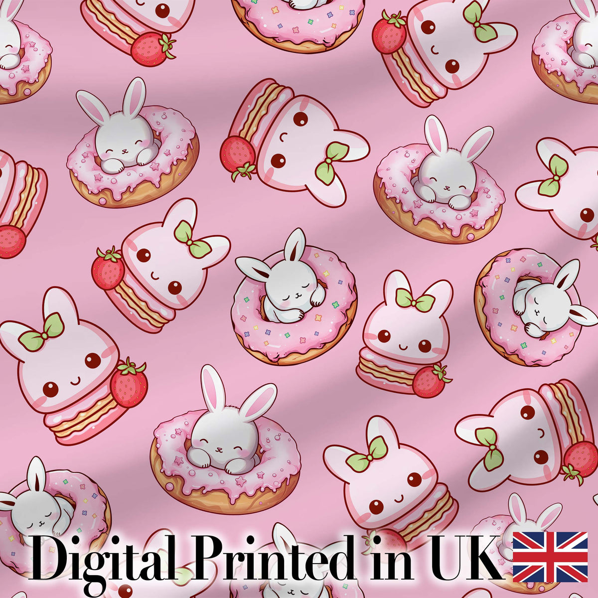 Cute Kawaii Bunny Donuts Strawberry Dessert  Pattern Soft Pink Background Digital Print Fabric by the Metre UK Sewing Quilting Textile