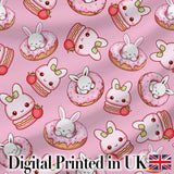 Cute Kawaii Bunny Donuts Strawberry Dessert  Pattern Soft Pink Background Digital Print Fabric by the Metre UK Sewing Quilting Textile